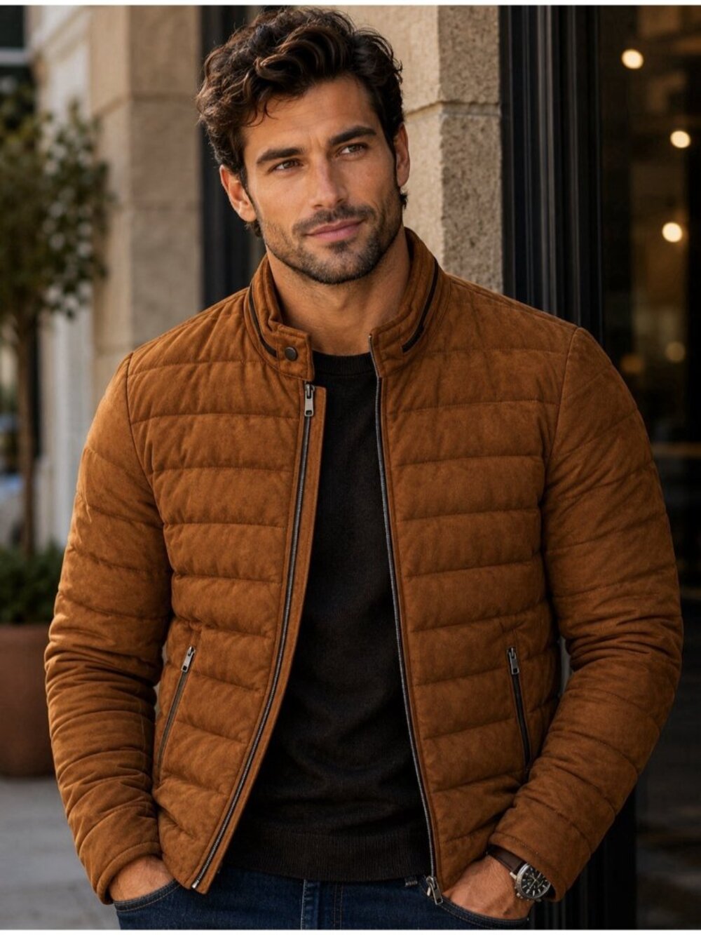 New Zara Brown Faux Suede Quilted Zip Jacket Puffer